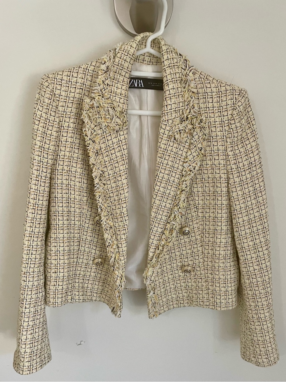 ZARA Light Yellow Tweed Double-Breasted Frayed-Trim Blazer